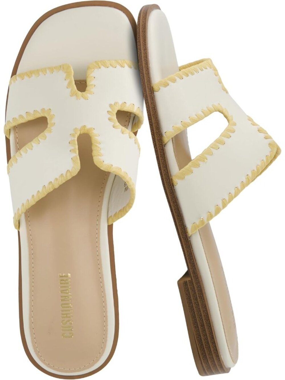 Women's Cream Woven Memory Foam Vegan Leather Cutout Strap Slip On Flat Shoes